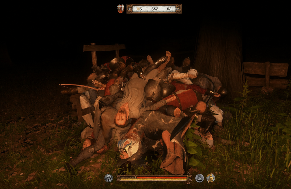 In-game screenshot of countless corpses piled on top of each other on dark, grassy ground at night