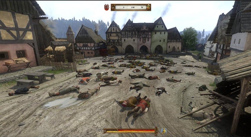 Dozens of dead bodies scattered chaotically across the ground of a medieval village square