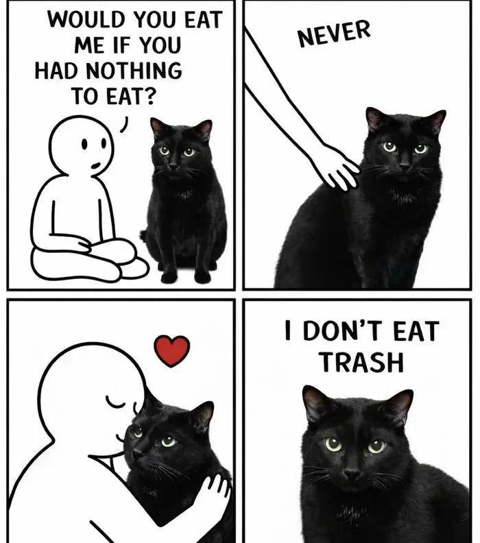 4コマ漫画。飼い主が黒猫に「食べるものがなくなったら私を食べる？」と尋ねる。猫は撫でられながら「絶対に食べない」と答え、飼い主は愛おしそうにハグするが、最後のコマで猫が冷めた表情で「ゴミは食べないから」と言う。
