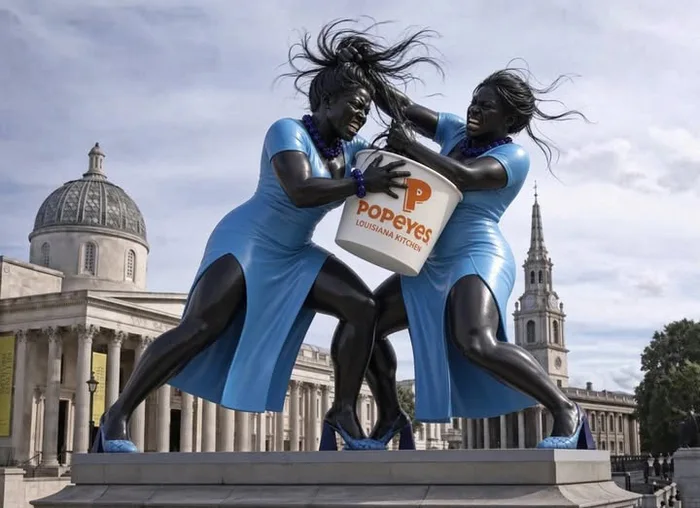 A statue in a public square showing two women in blue dresses fighting over a giant Popeyes fried chicken bucket.