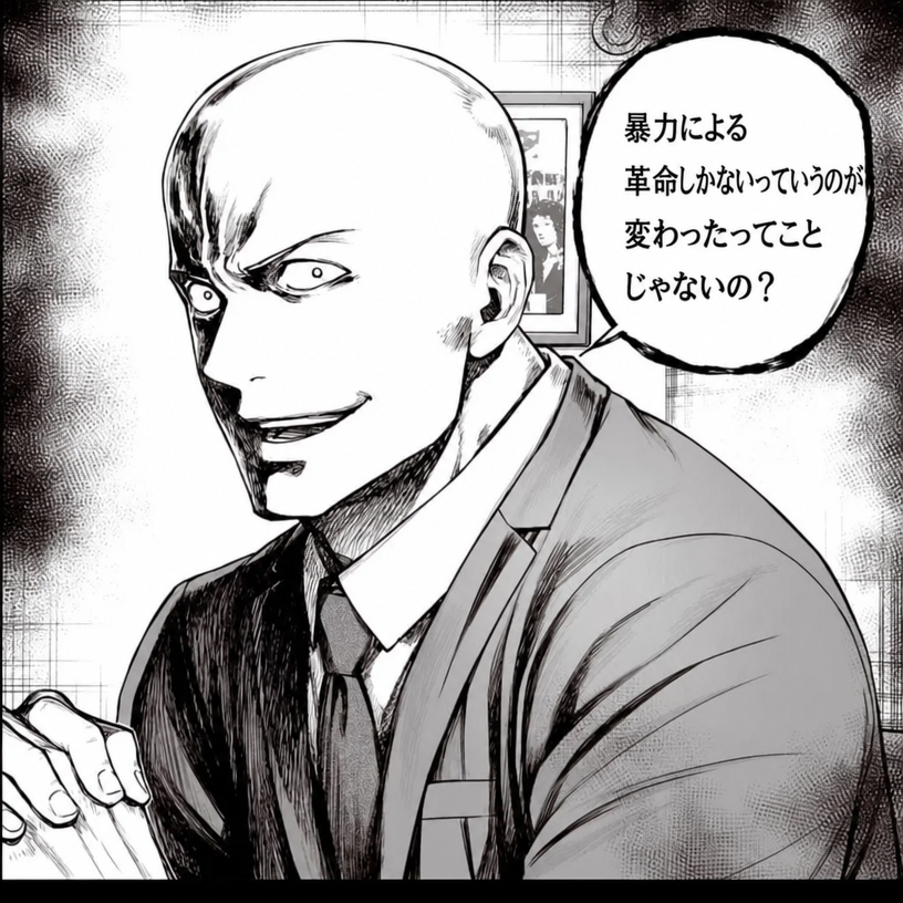 ギラリとした眼光で暴力による革命しかないと答えるスキンヘッドの男性の漫画コマ