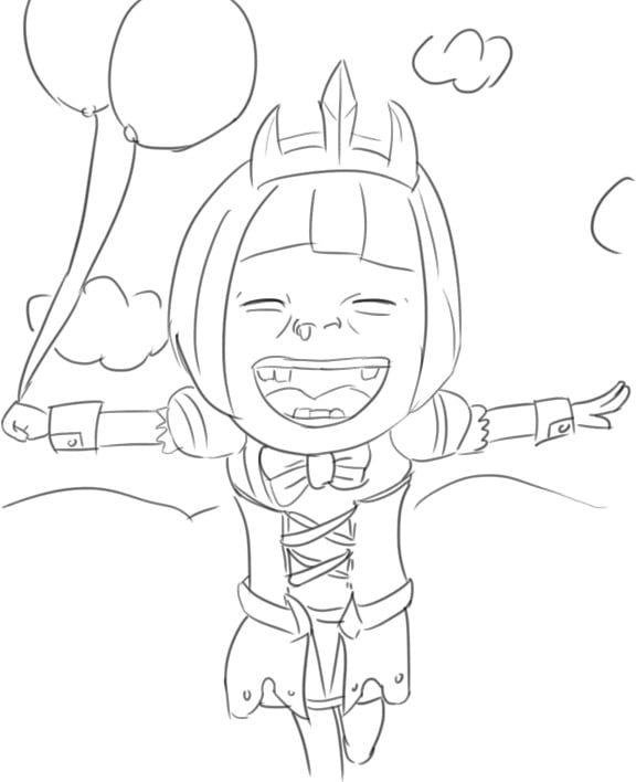 A pen sketch parody of Heroes of the Storm's Orphea running happily with a bright smile while holding a balloon in one hand.