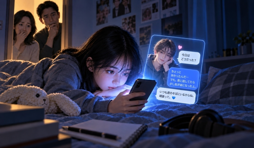 部屋でベッドにうつ伏せになり、AI仮想キャラクターとスマートフォンでチャットをする少女と、それをドアの隙間から衝撃を受けて見つめる親のイラスト