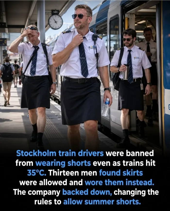 制服のシャツとネクタイを着用し、スカートを履いて駅のホームを歩く男性の電車運転士たち。