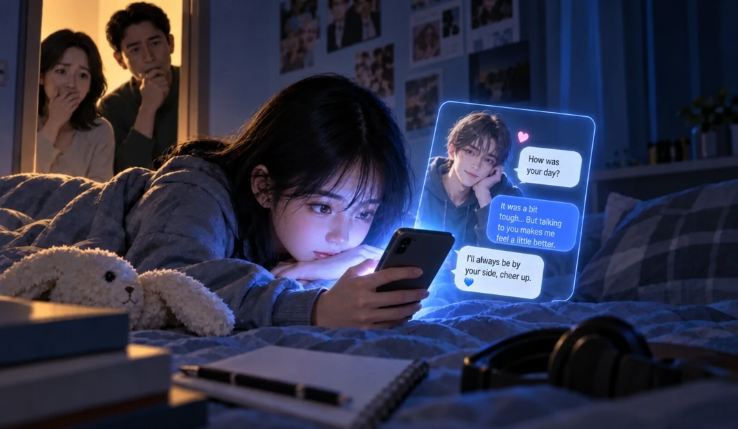 An illustration of a teenager affectionately messaging an AI character on a smartphone late at night in their room, while parents watch worriedly through a door crack.