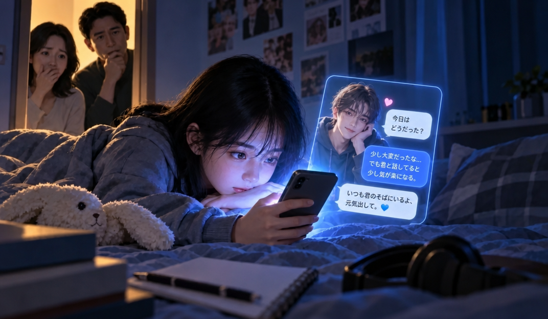部屋の中で深夜にスマートフォンでAIキャラクターと親しげにメッセージをやり取りする若者と、それをドアの隙間から心配そうに見守る親のイラスト