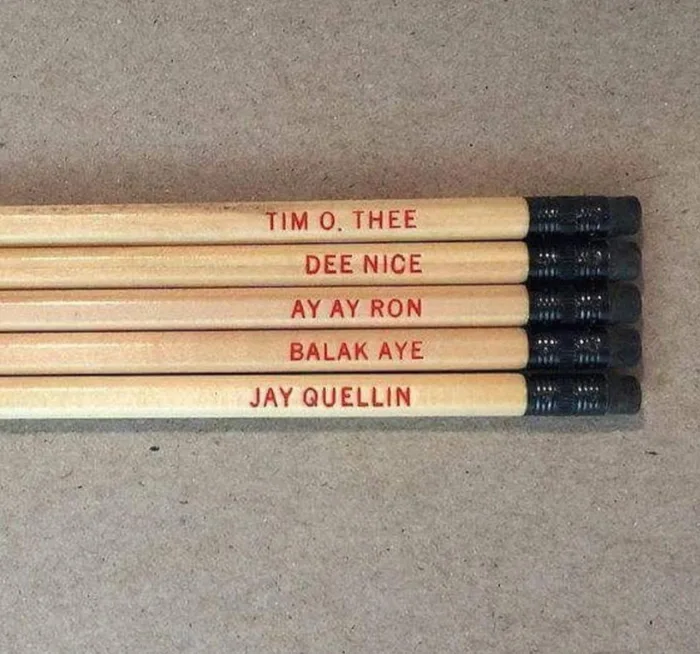 Five wooden pencils stamped with names from the Key & Peele sketch: Tim O. Thee, Dee Nice, Ay Ay Ron, Balak Aye, and Jay Quellin.