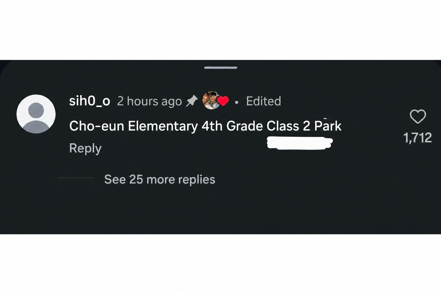 Instagram comment capture showing a comment specifying an elementary school grade and class