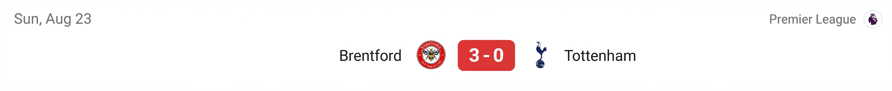 Match result screen showing Brentford vs. Tottenham 3-0