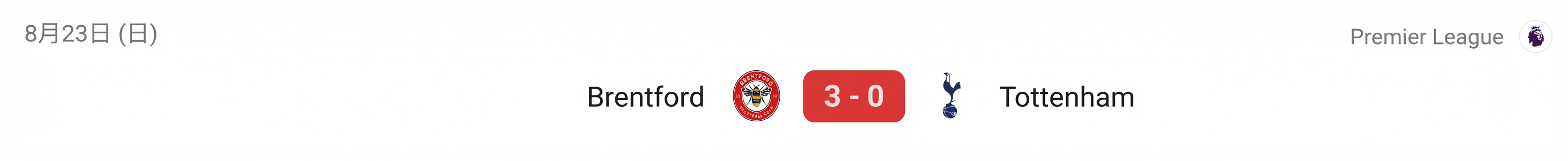 ブレントフォード対トッテナムの3-0試合結果画面