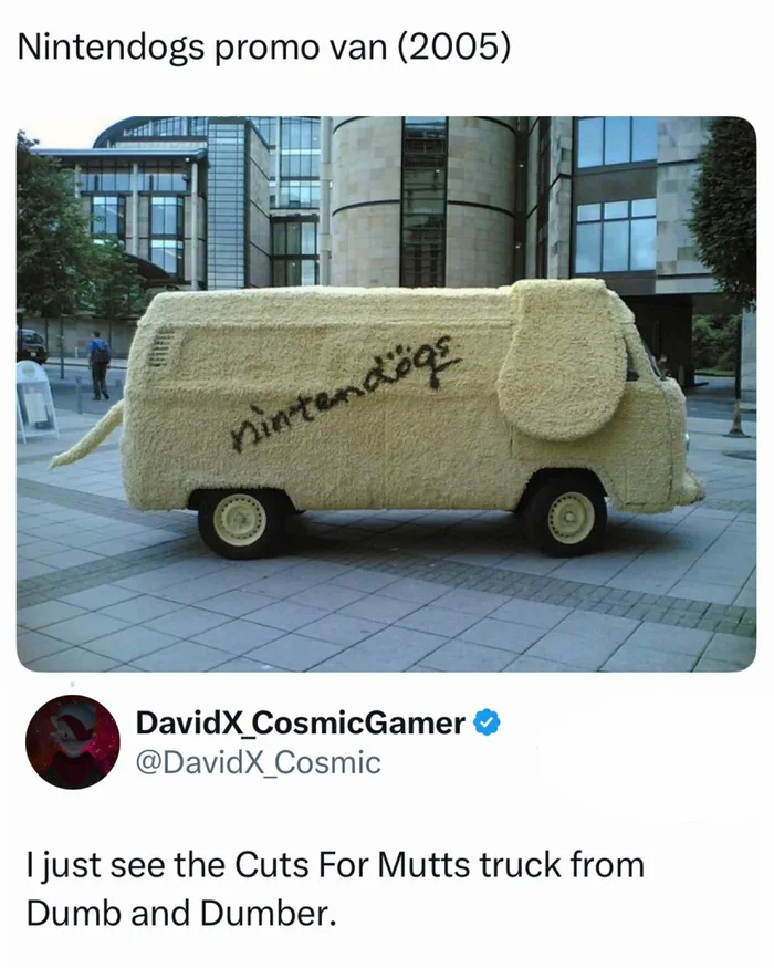 A van covered in fluffy cream fur with floppy ears and a tail promoting Nintendogs in 2005, alongside a tweet comparing it to the dog van from Dumb and Dumber.
