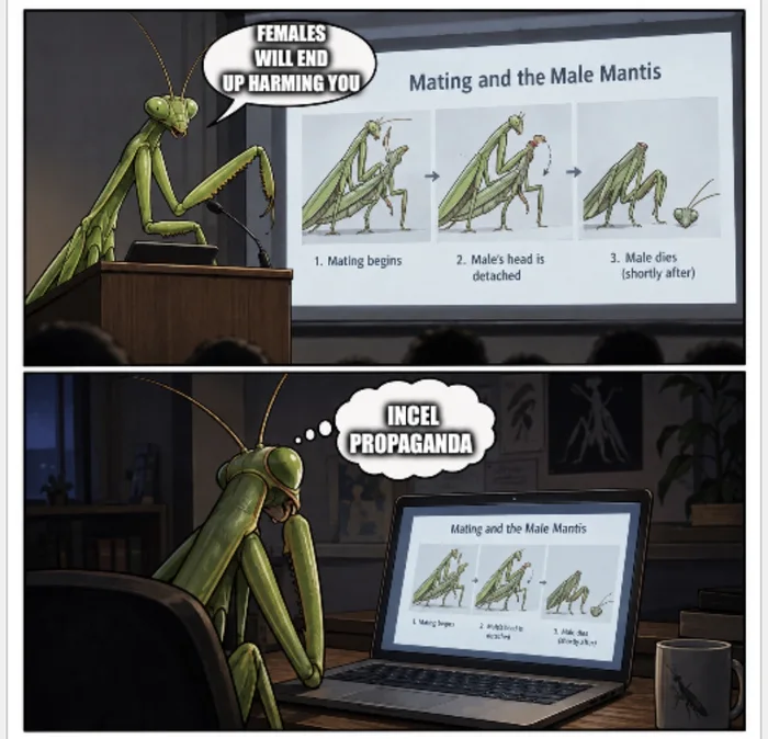 Two-panel comic showing a mantis lecturing on sexual cannibalism, while another mantis watches online and calls it propaganda.