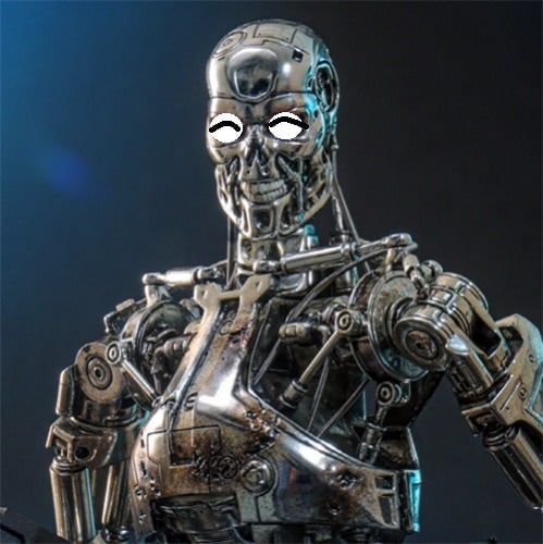 目元が笑っているように加工されたターミネーターロボットの画像