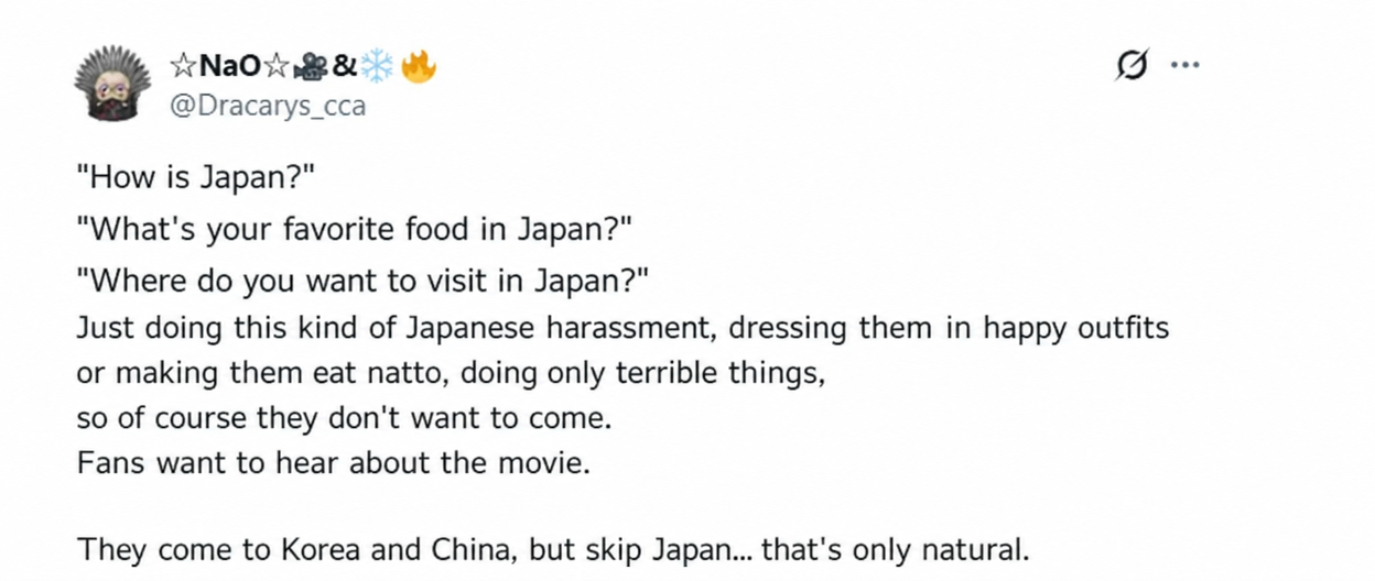 Screenshot of a Japanese X post pointing out that it is only natural for stars to bypass Japan when the only things they are asked to do are answer questions about Japanese culture or try eating natto.