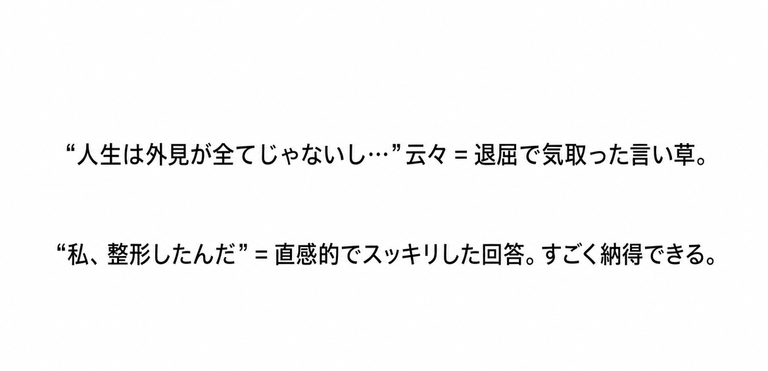「人生は外見が全てではない…」などと言うよりも「私、整形したの」の方が直感的で分かりやすいと付け加えたSNS投稿のスクリーンショット。