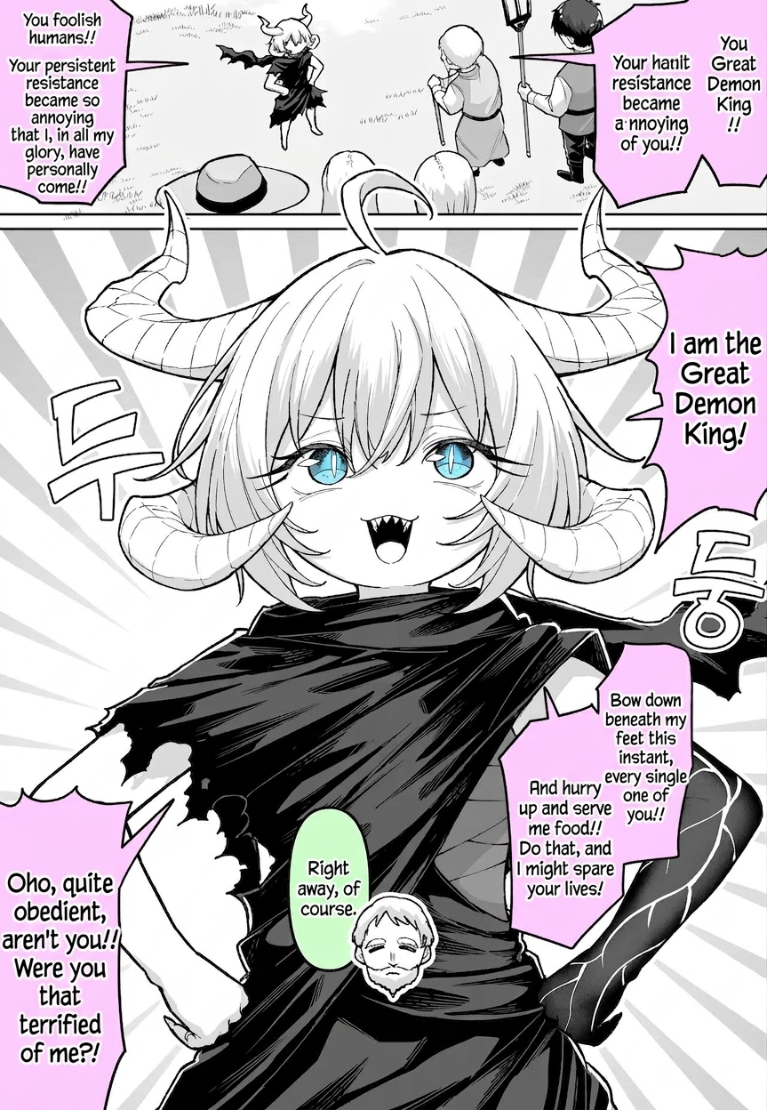 Comic scene of a horned young girl arriving in a village, loudly proclaiming herself the Great Demon King, demanding food, and acting boastful when an elderly villager calmly complies.