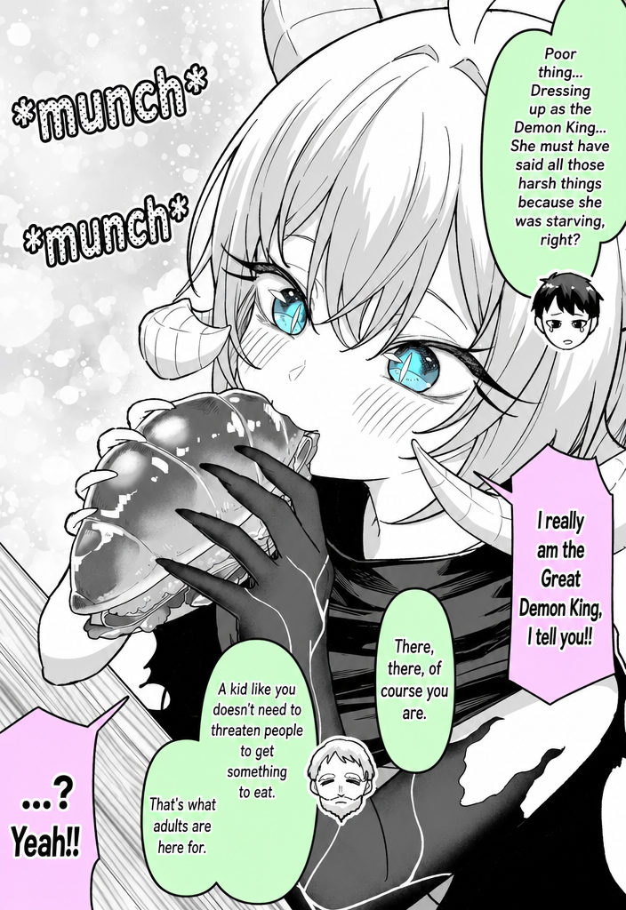 Comic scene of the Demon King munching on a giant loaf of bread offered by the villagers, insisting she is the real deal while being treated and cared for like a poor, hungry child playing dress-up.