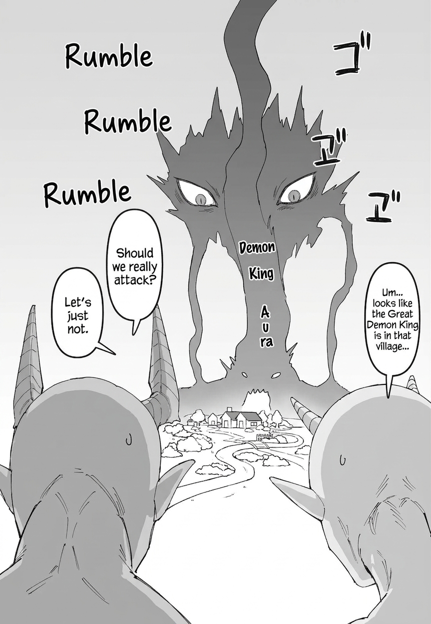 Comic scene of monsters about to invade a village getting terrified and turning back upon seeing a colossal, sinister Great Demon King aura piercing the sky above the village.