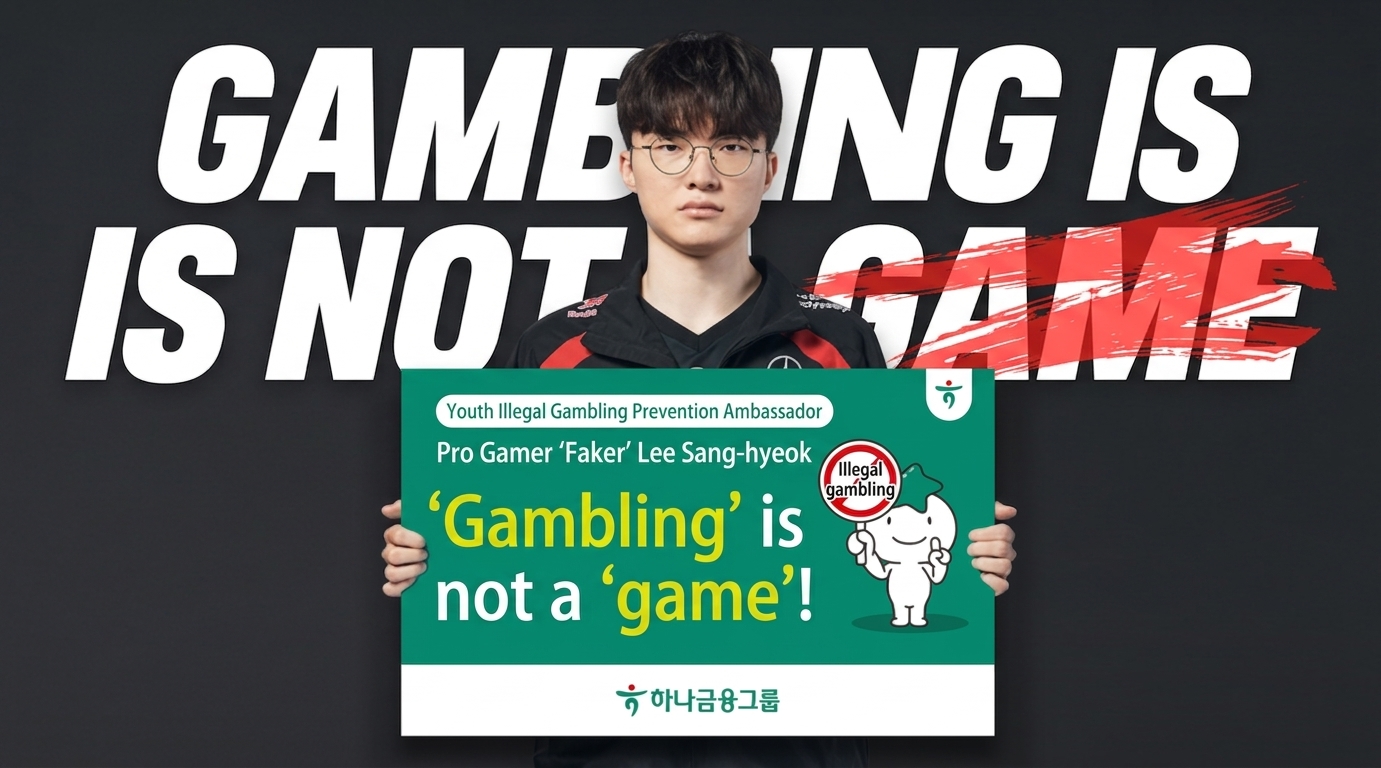 Public awareness campaign poster featuring pro gamer Faker holding a sign that says gambling is not a game as an ambassador for youth illegal gambling prevention.