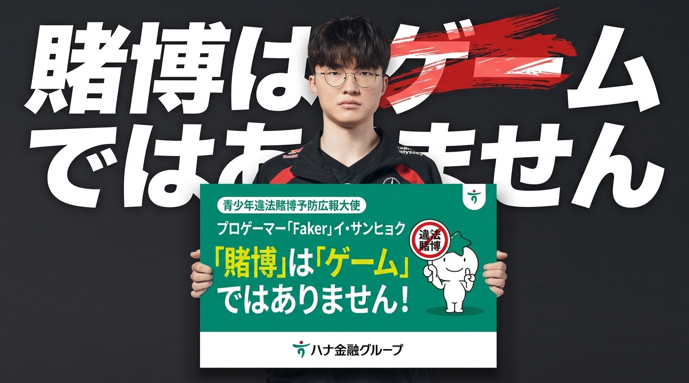 「賭博はゲームではありません！」というパネルを持つFakerの広報ポスター