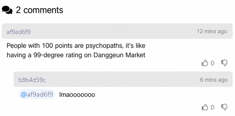 Screen capture of comments on the post. A comment saying 'People with 100 points are psychopaths, it's like having a 99-degree rating on Danggeun Market' and a reply laughing at it.