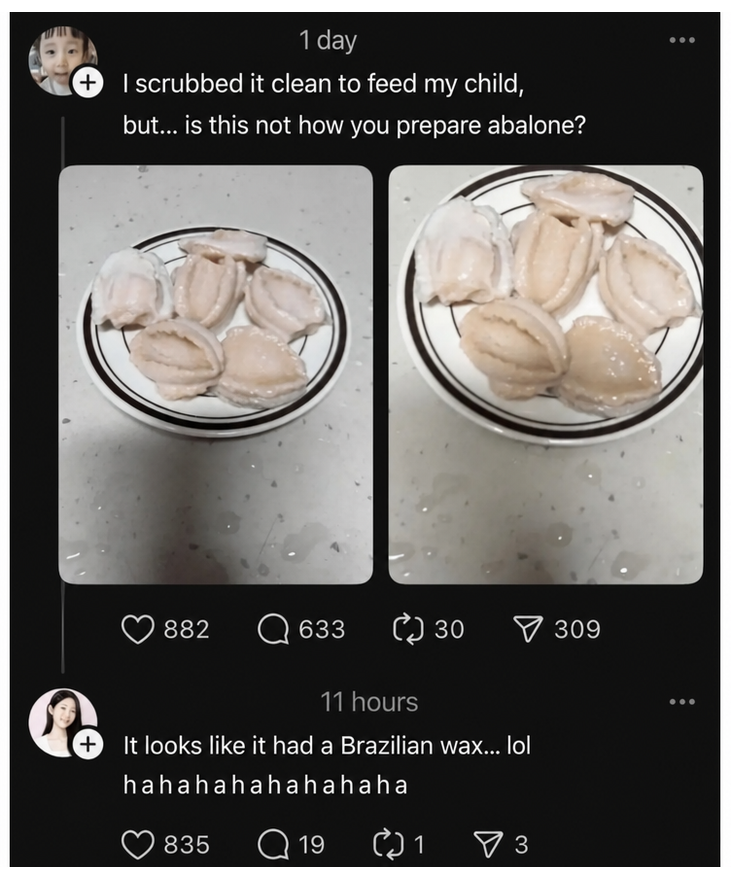 Social media screenshot. A photo shows abalone, scrubbed clean without shell or residue, sitting on a plate. The post text reads, 'I scrubbed it clean to feed my child, but... is this not how you prepare abalone?' A comment below reads, 'It looks like it had a Brazilian wax.'