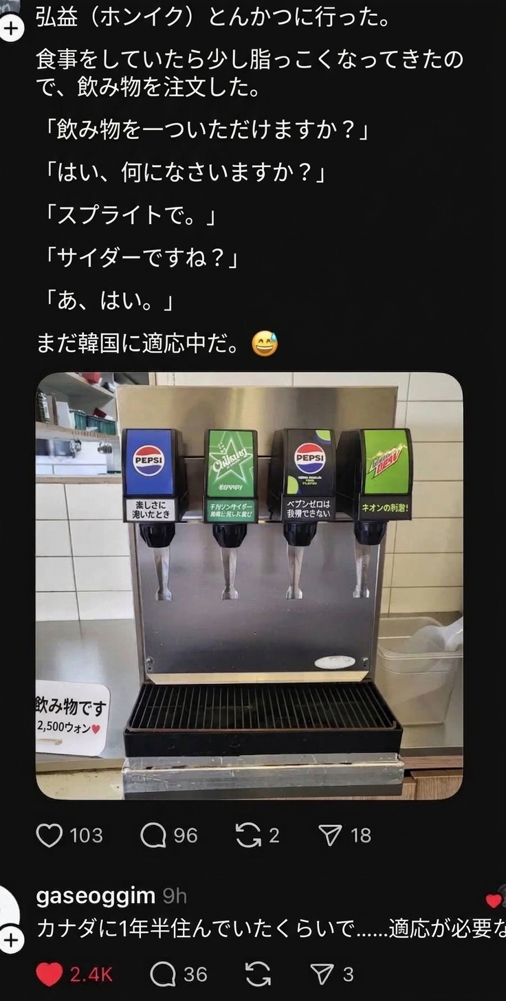 弘益とんかつでサイダーの代わりにスプライトを頼み、「まだ韓国に適応中」とドリンクバーの写真を投稿したSNSの投稿と、「カナダに1年半住んでたくらいで…適応が必要なんですか？」と事実で突っ込むコメントのキャプチャ。