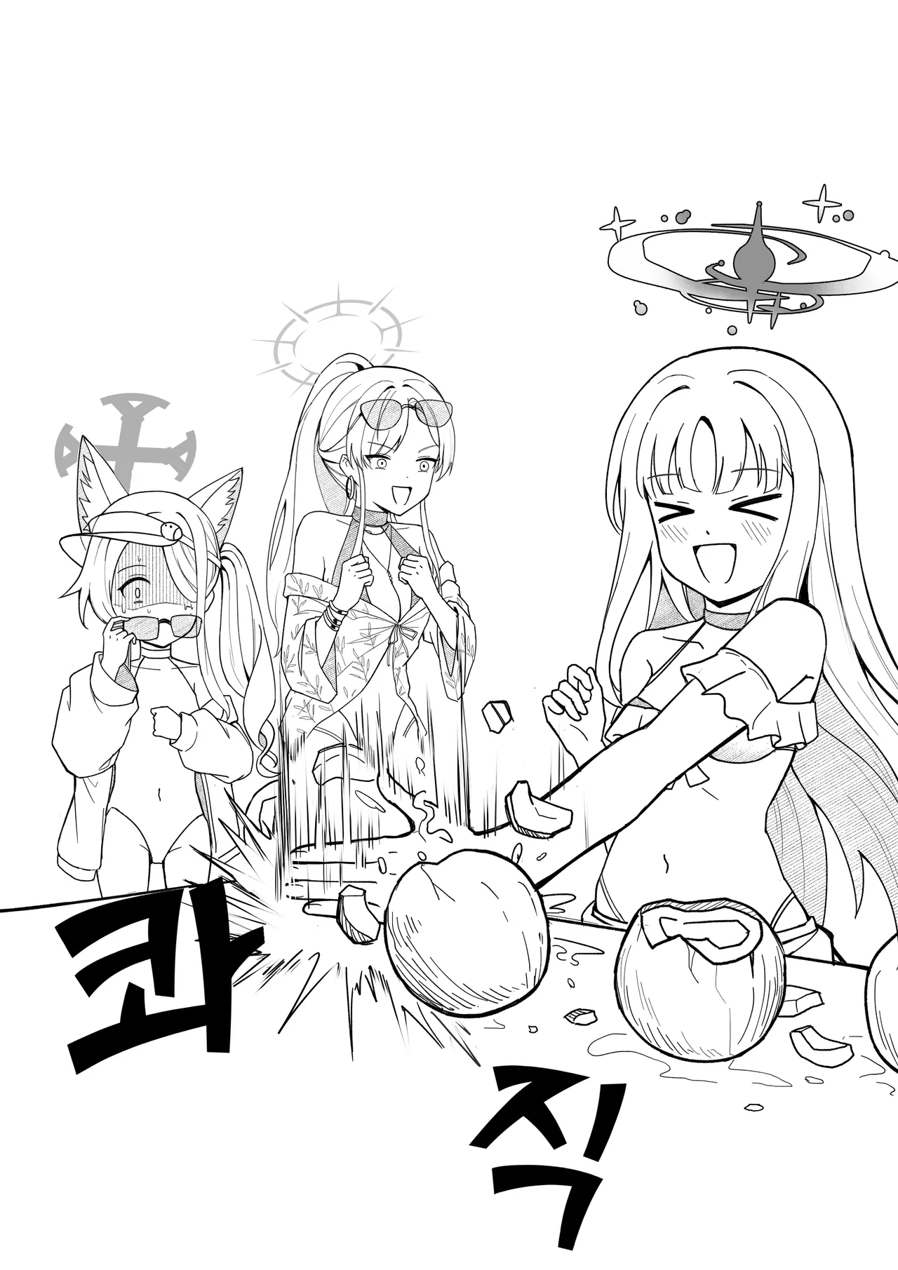 Comic panel showing Mika smashing a coconut with her bare fist while her companions look on in shock