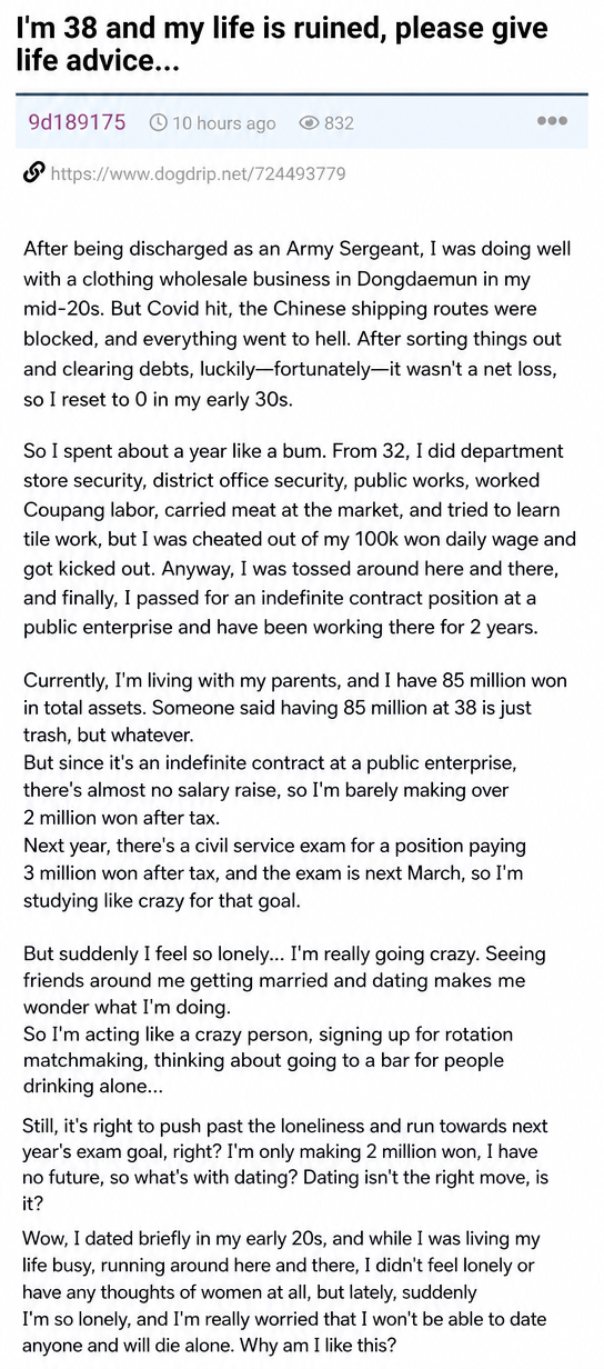 Capture of an online community post where a 38-year-old writer shares their life struggles, their current indefinite contract job at a public enterprise, savings, and dating concerns.