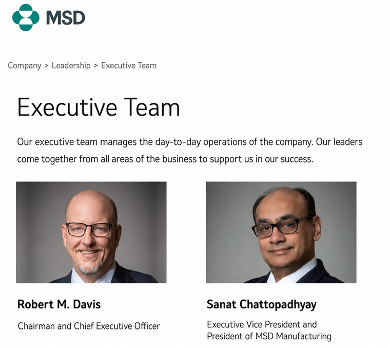 A screenshot of the MSD pharmaceutical company's leadership page, which sells the hair loss treatment Propecia, showing profile photos of two male executives with significant hair loss.
