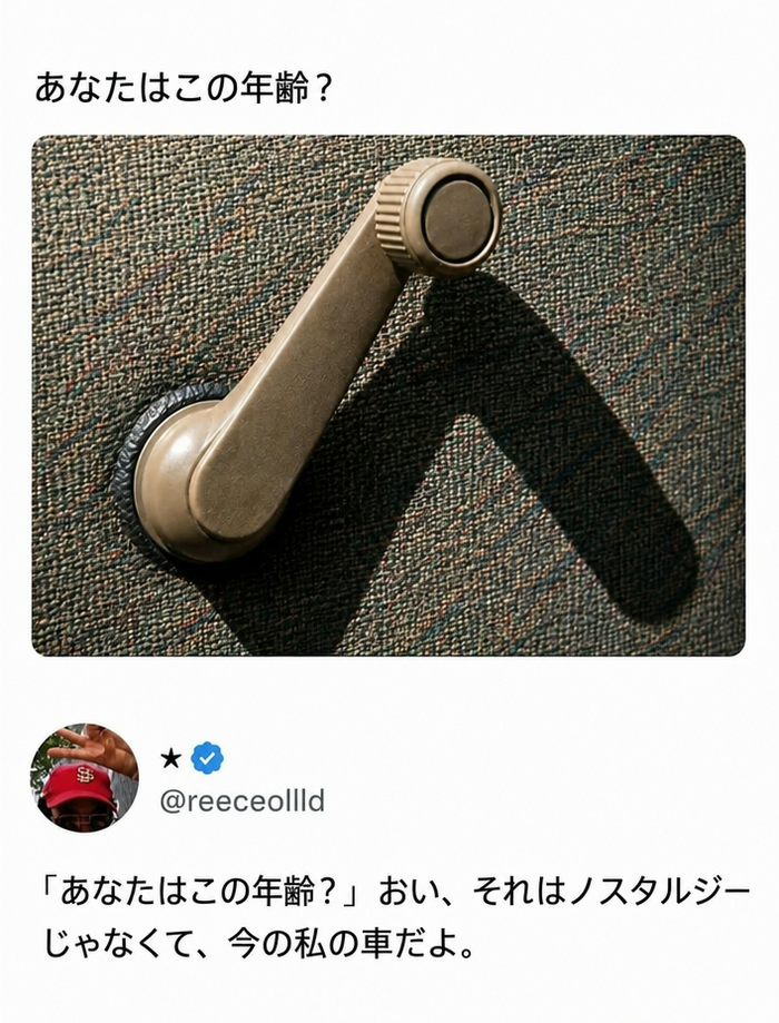 車の窓の手動ハンドルが写ったミーム。『あなたはこの年齢？』というキャプションに、『「あなたはこの年齢？」おい、それはノスタルジーじゃなくて、今の私の車だよ』という返信が続いている。