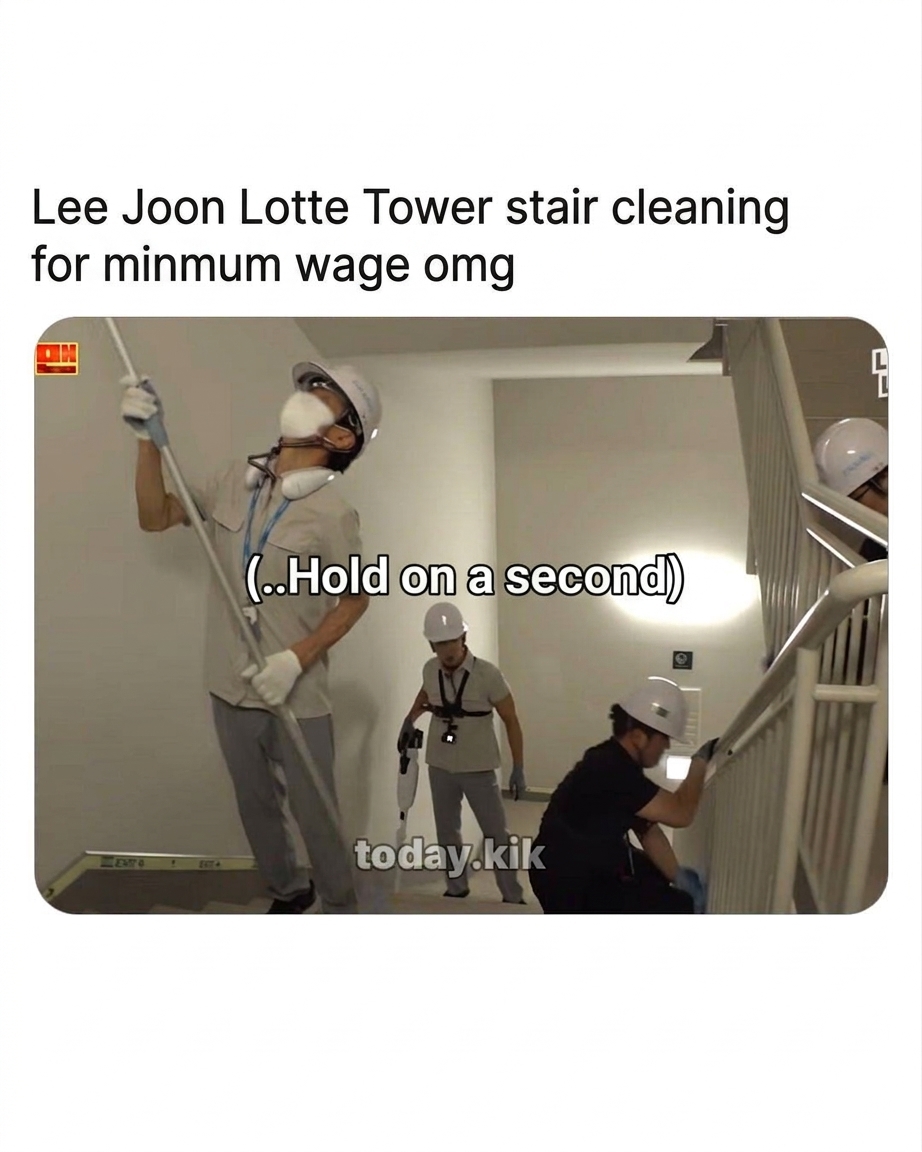 Lee Joon on Workman wearing a safety helmet and starting to clean the emergency stairs of Lotte World Tower.