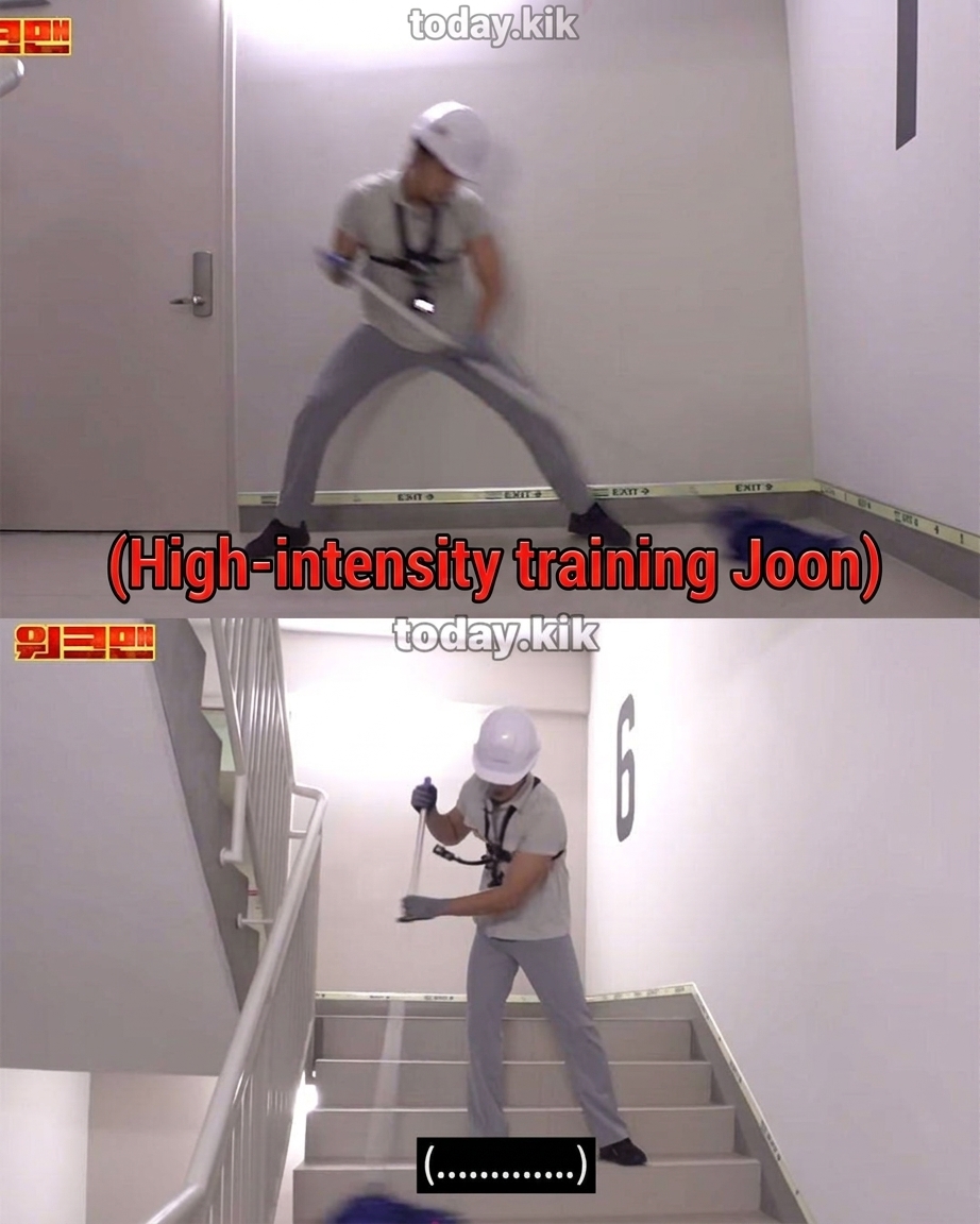Lee Joon performing heavy training-level labor while mopping the stair walls and floor.