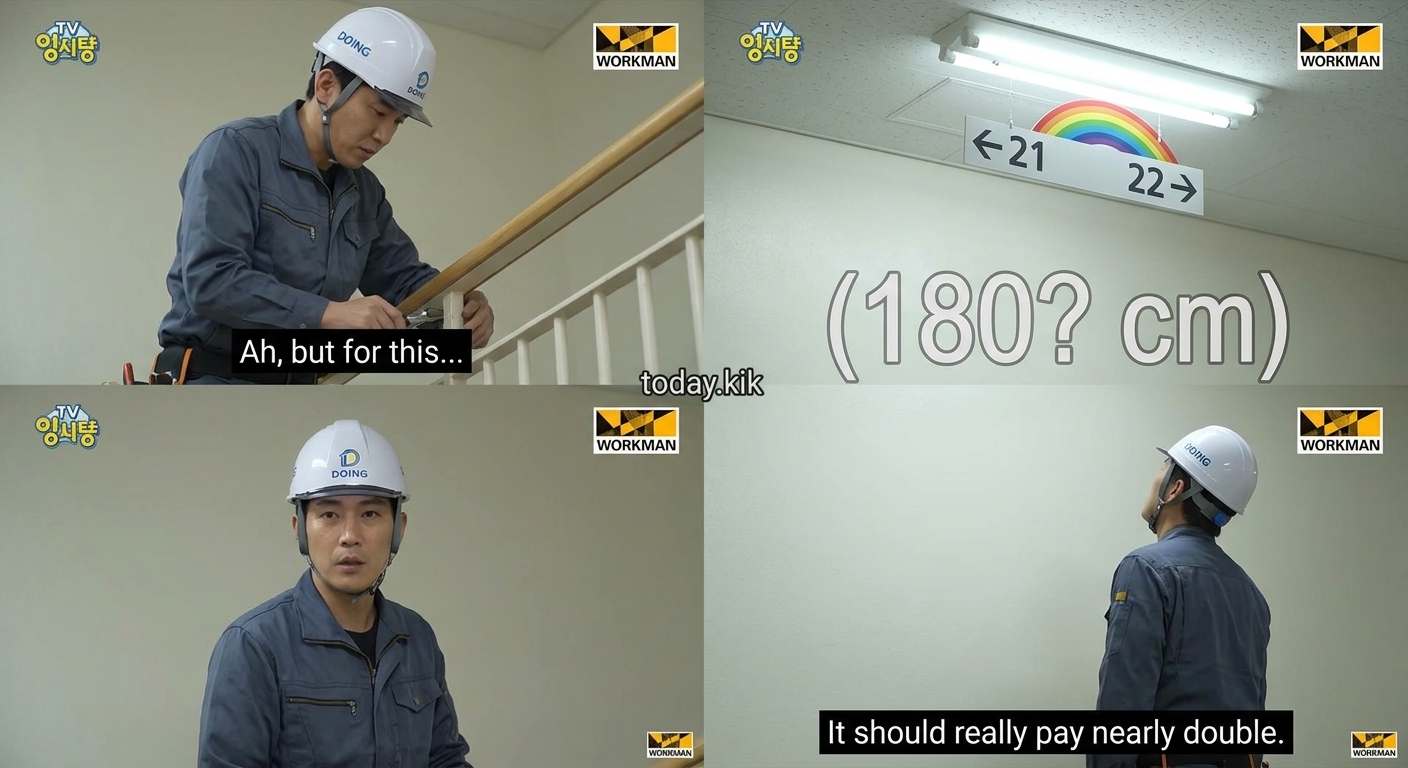 Lee Joon wiping railings and dusting high wall lights, saying the pay should be almost double.