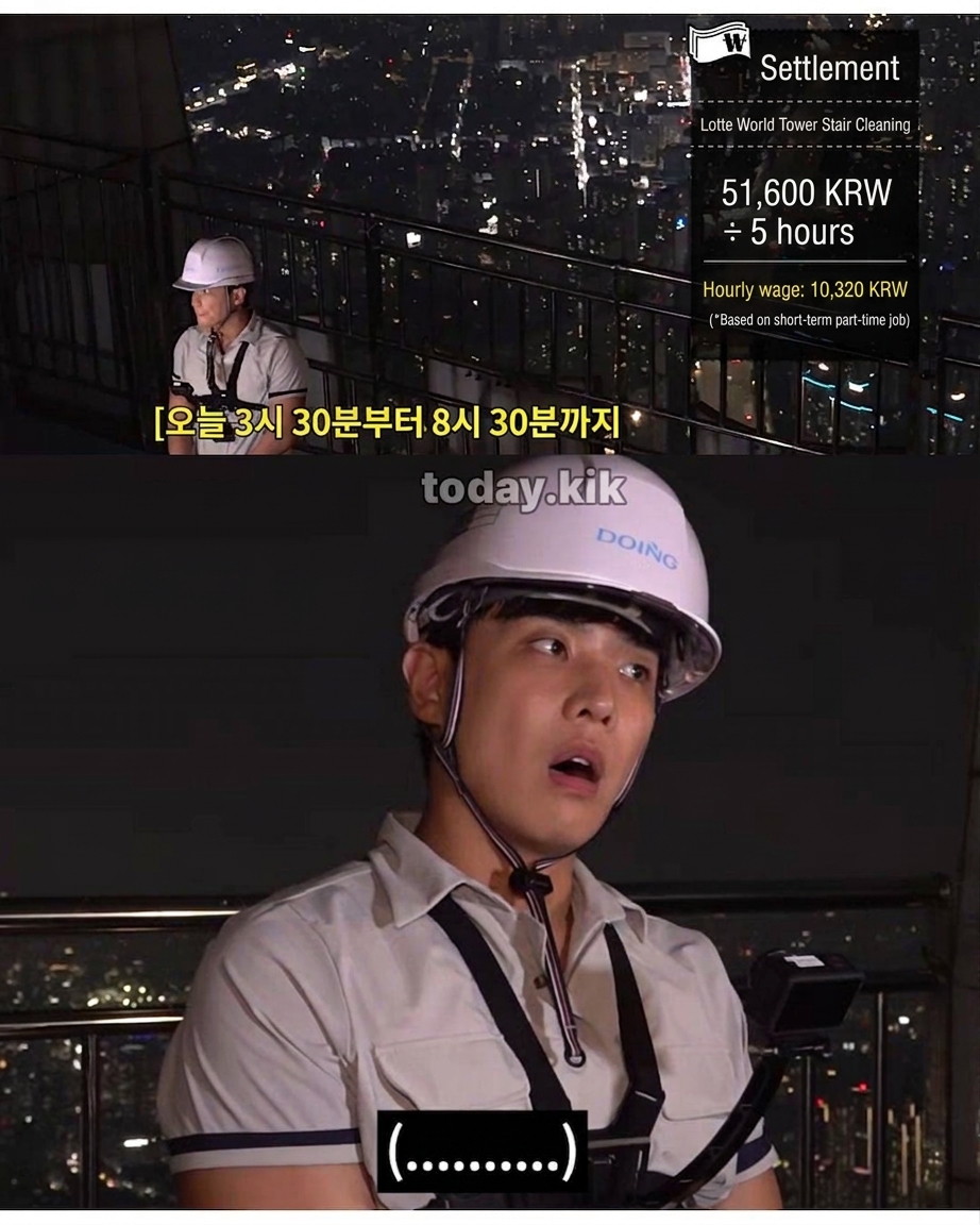 Lee Joon looking stunned against a night view after seeing his payout of 10,320 KRW per hour for 5 hours of work.