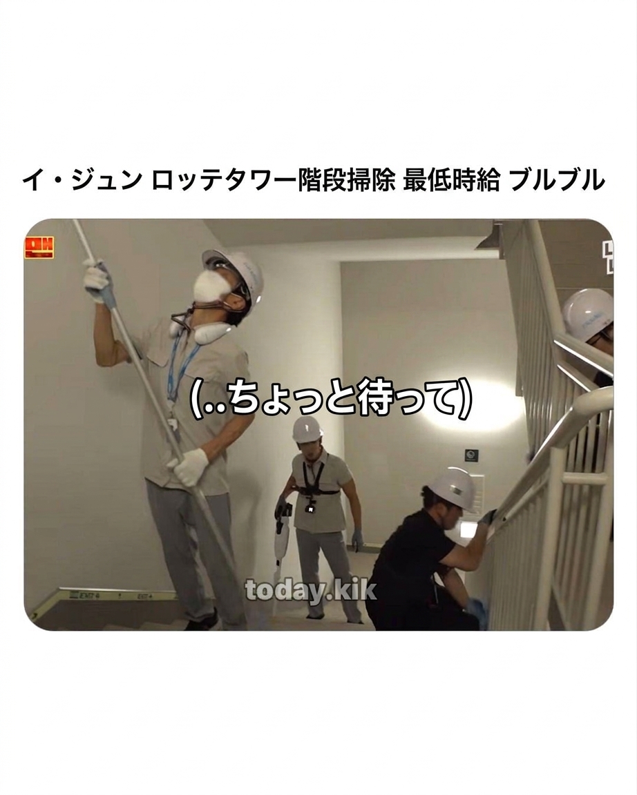 「Workman」でイ・ジュンがヘルメットを被りロッテタワーの非常階段清掃を始める様子