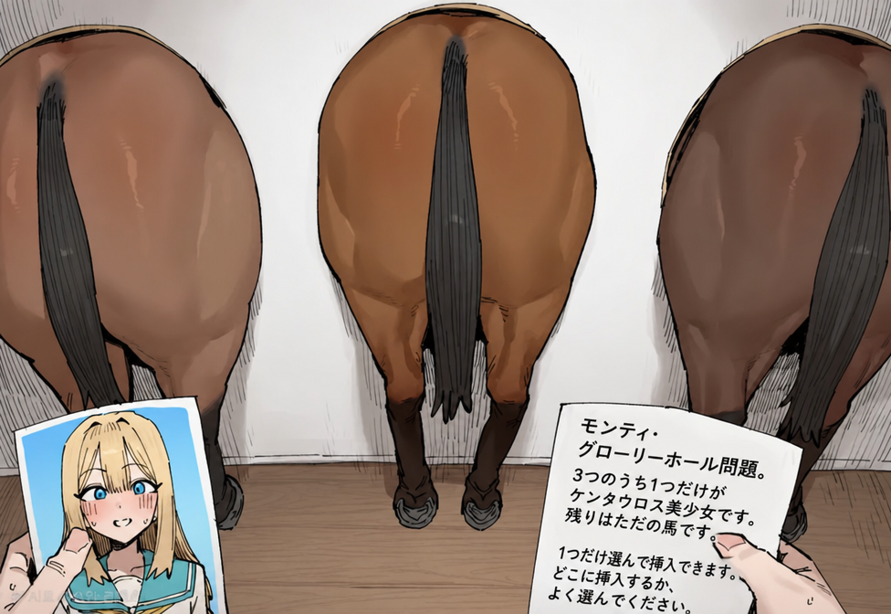壁に空いた穴から馬の尻が3つ見えていて、モンティ・グローリーホール問題のメモと美少女の写真を持っているパロディイラスト。