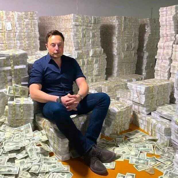 An AI-generated or edited image showing Elon Musk sitting in a warehouse surrounded by massive stacks of cash.