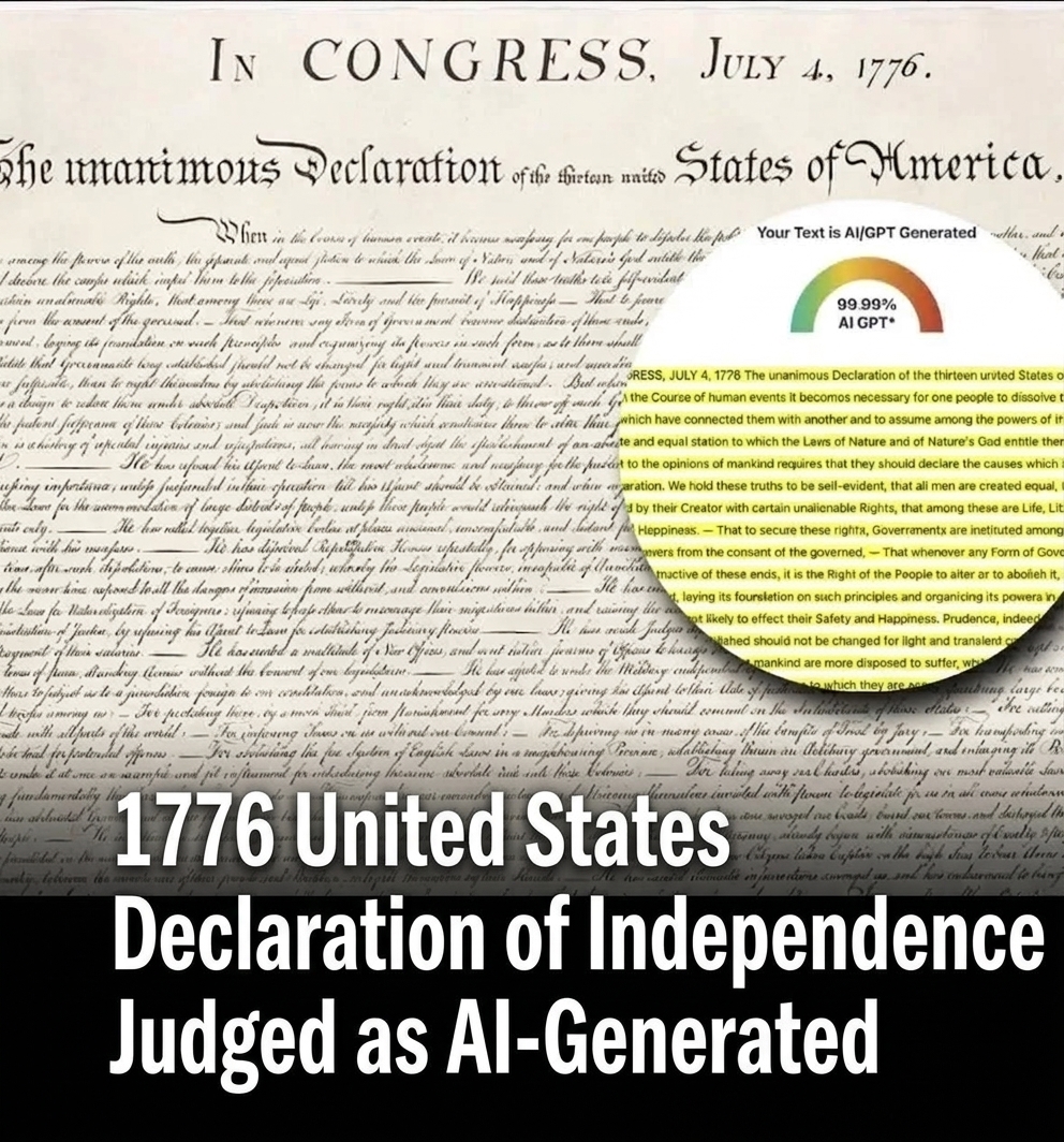 The US Declaration of Independence overlaid with an AI detector score and Korean text.