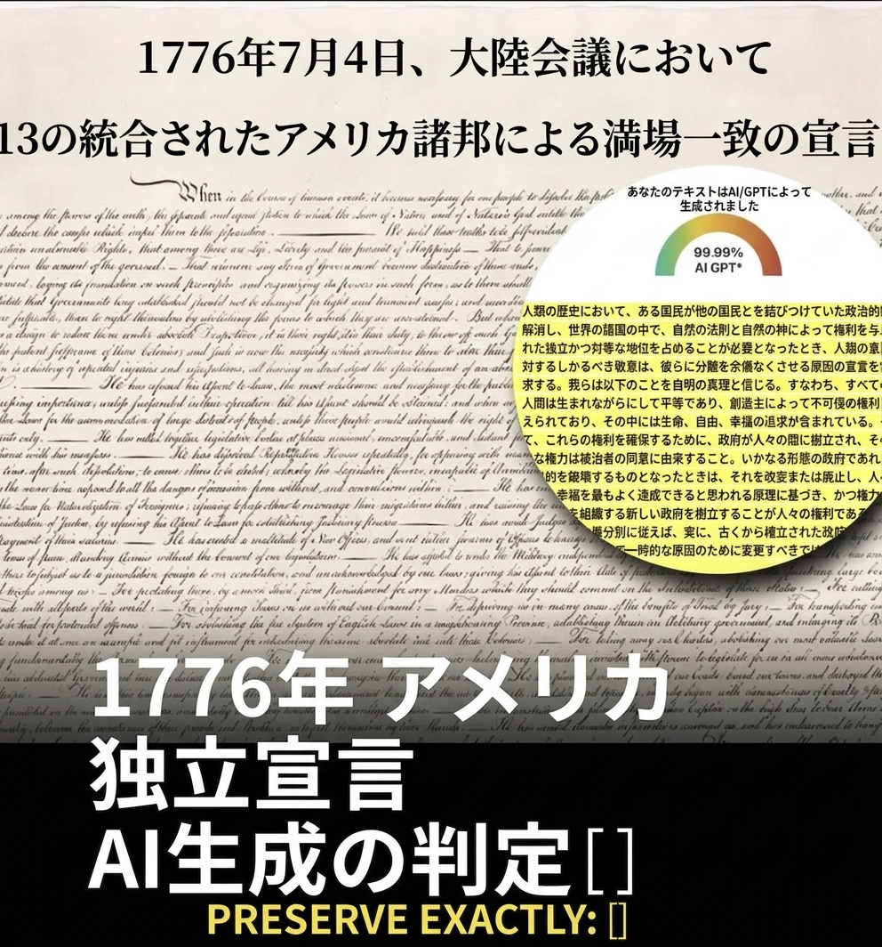 アメリカ独立宣言の原本の上にAI生成判定結果が合成された画像