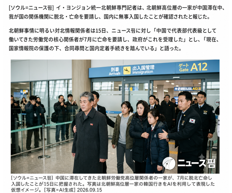 北朝鮮高位層家族の入国をAIで生成した仮想イメージと2026年9月15日の表記が含まれた記事本文