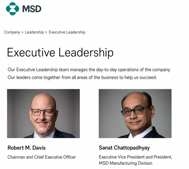 A screen capture of the executive leadership page for MSD, the manufacturer of the hair loss treatment Propecia. It features photos of two bald senior executives.