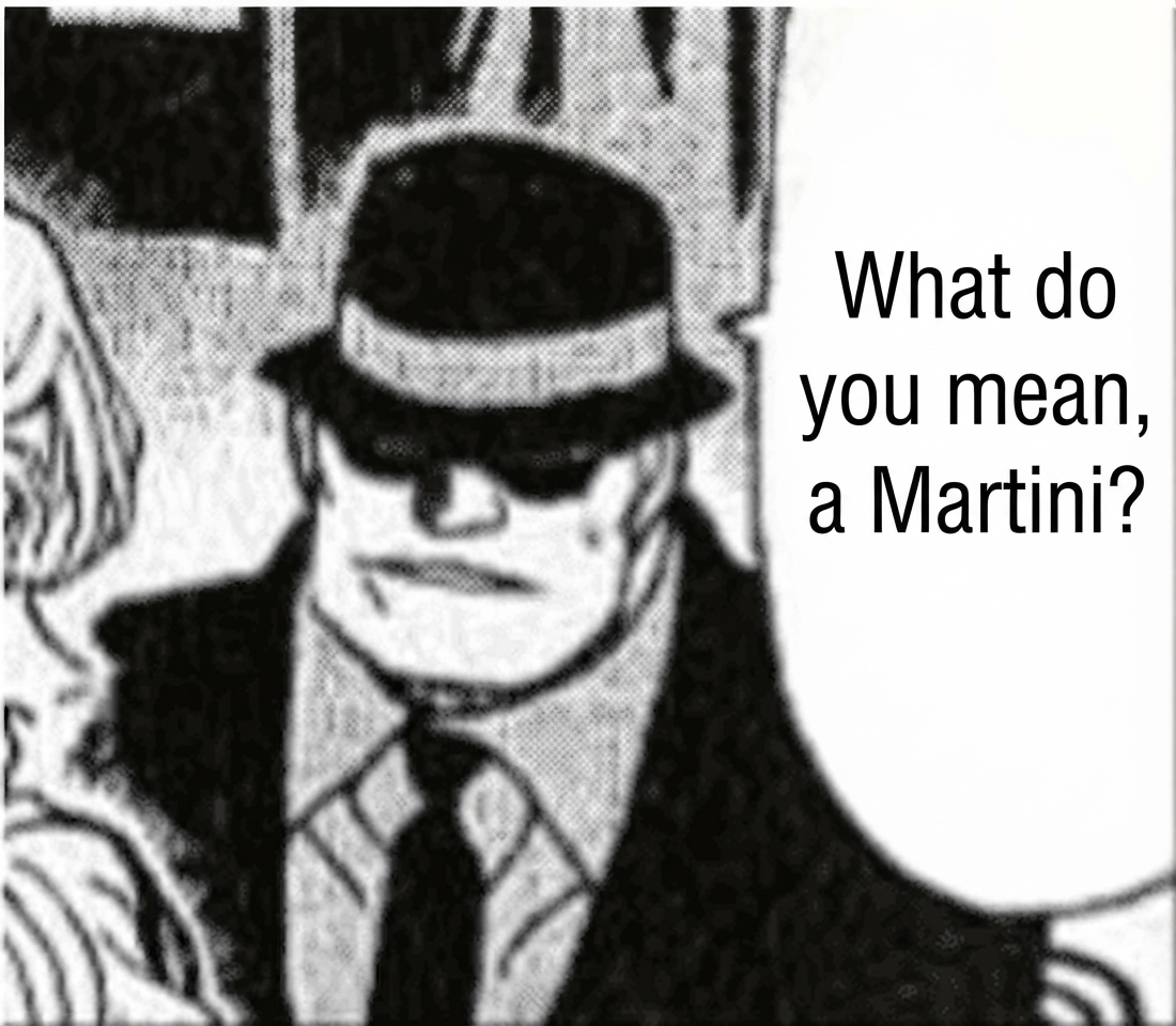 A close-up shot of Vodka sweating and looking completely bewildered, asking 'What do you mean, a Martini?'