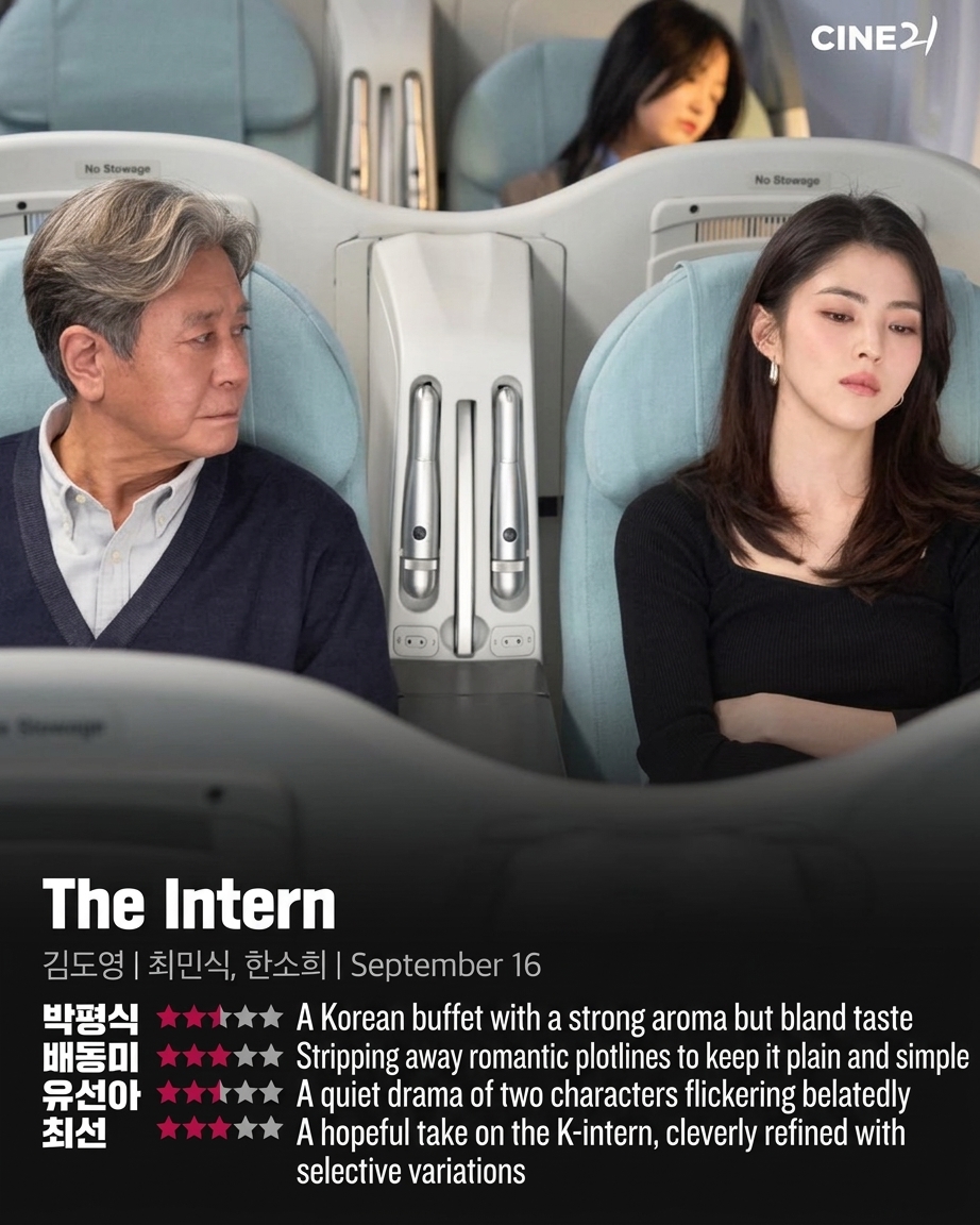 A parody image showing a composite photo of actors Choi Min-sik and Han So-hee sitting side by side in airplane seats, followed below by fictional Cine21 critic star ratings and one-line reviews for a Korean remake of the movie 'The Intern'.