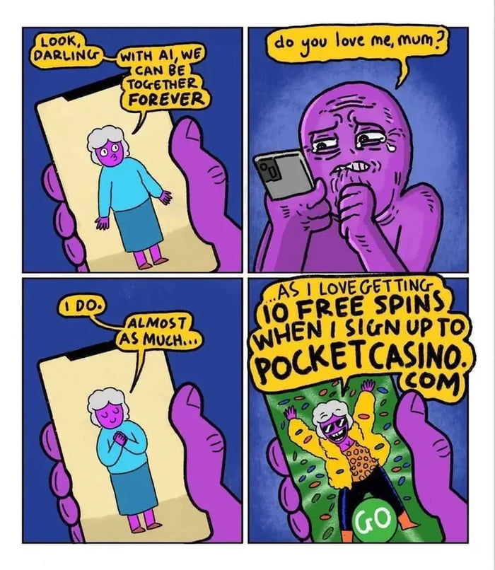 A four-panel comic showing a grieving person talking to an AI recreation of their mother on a phone, only for the AI mother to suddenly pitch an online casino ad.