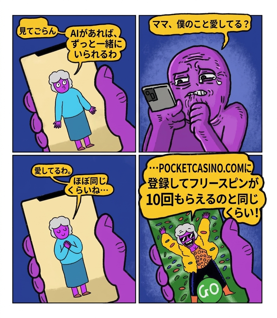 AIで再現された亡き母と話す人物が、途中で母からオンラインカジノの広告を切り出される4コマ漫画。