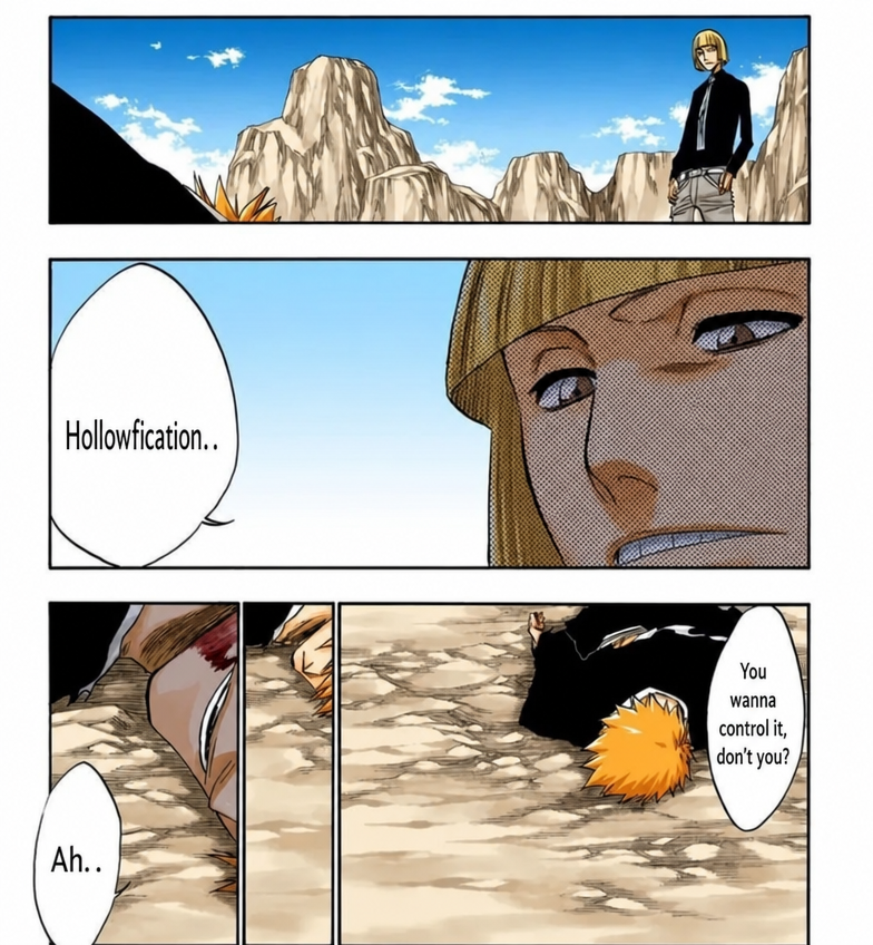 A Bleach manga panel, a composite scene where Shinji Hirako says to a collapsed Ichigo, 'Hollowfication.. you want to control it, don't ya?'