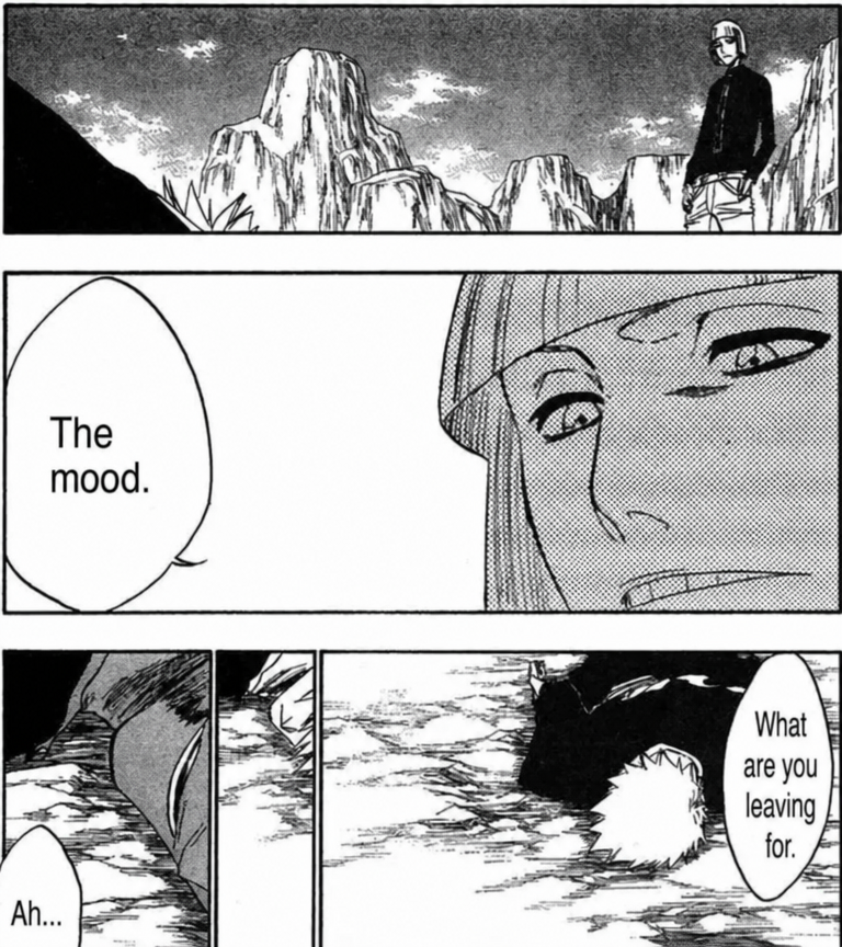 A Bleach original manga panel, an actual scene where Shinji Hirako asks, 'How do you feel, Ichigo...'