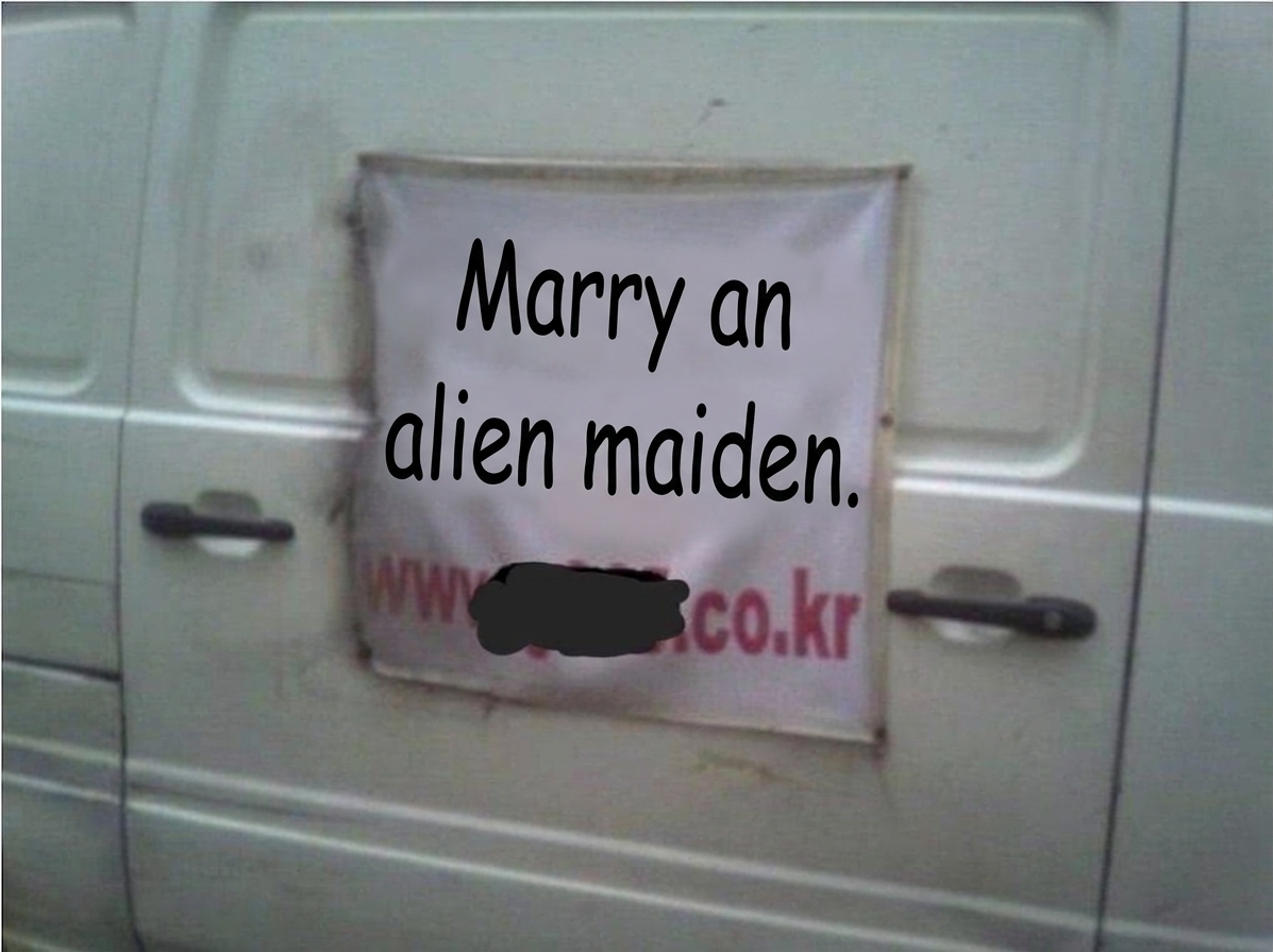 A banner on the side of a white vehicle reading 'Marry an alien maiden' alongside a partially obscured website address.