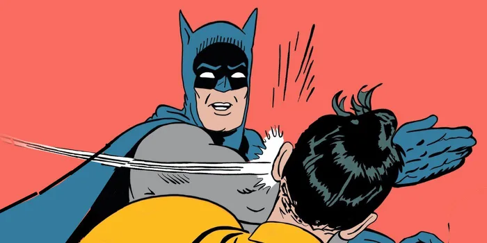 Classic comic illustration of Batman slapping Robin across the face against an orange background.
